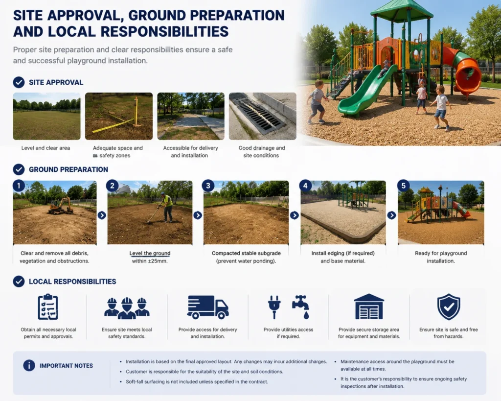 playground equipment installation site approval ground preparation and local responsibility terms