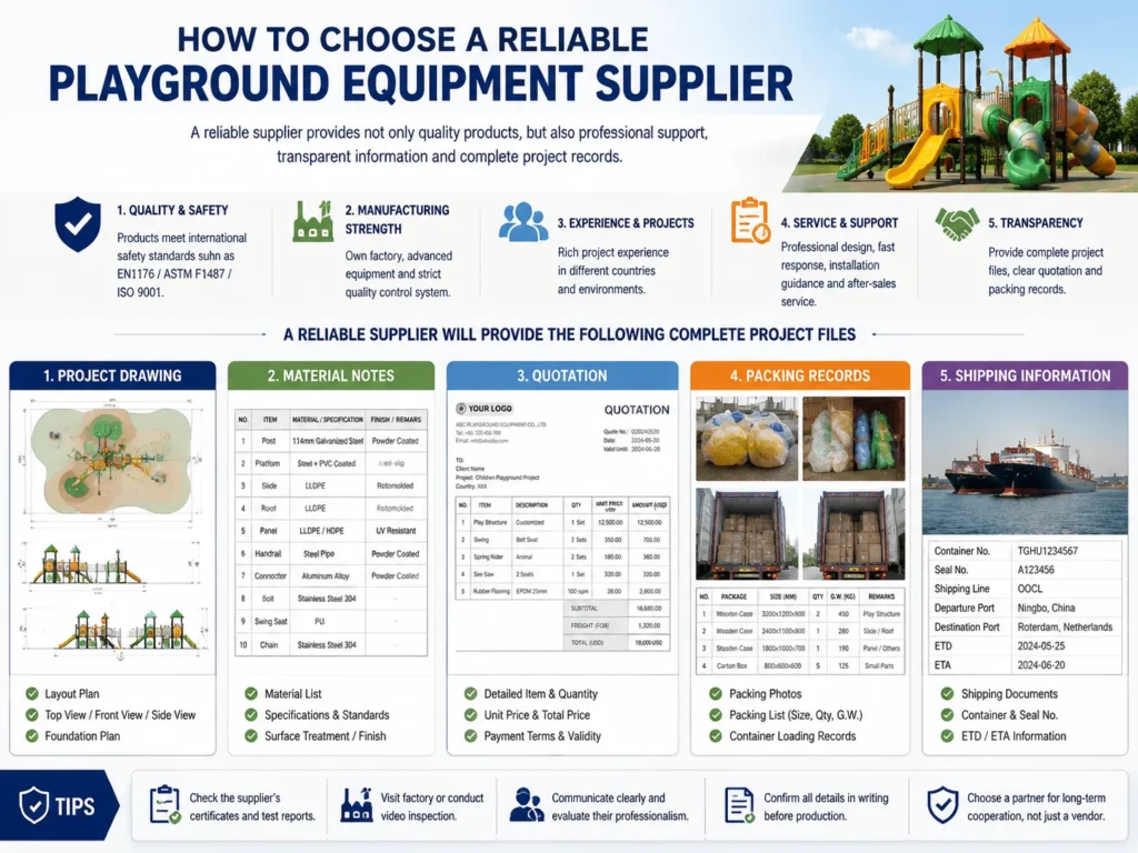Choose playground equipment supplier with project file drawing material notes quotation and packing records