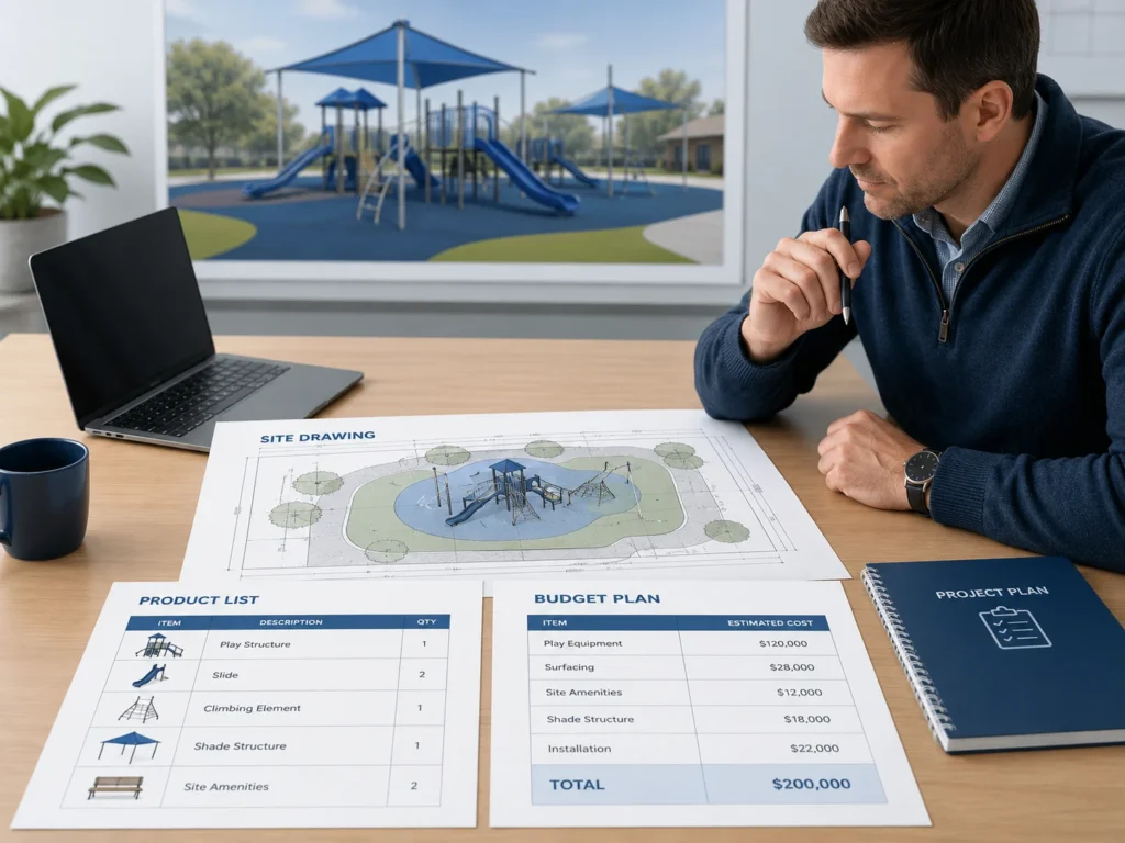 Commercial Playground Budget Planning commercial playground budget planning with project owner drawing and product list