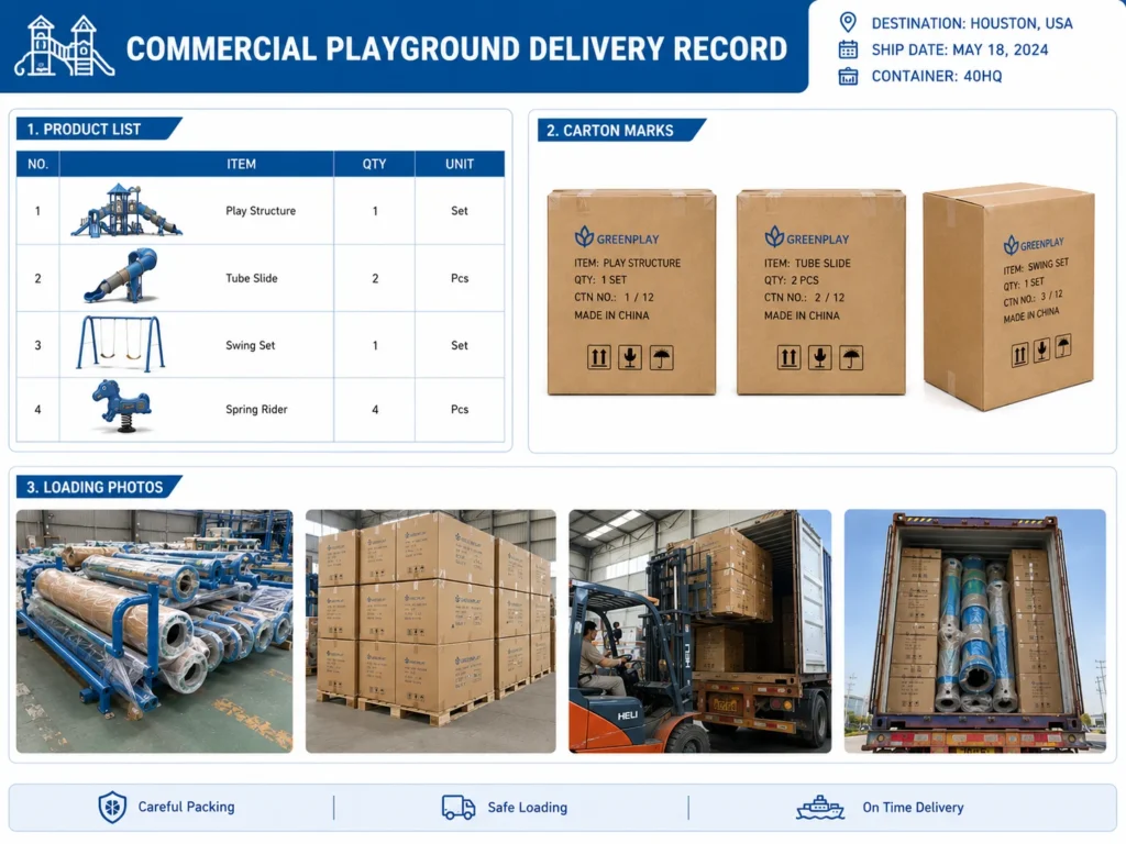 Commercial Playground Delivery Records commercial playground delivery records with carton marks product list and loading photos