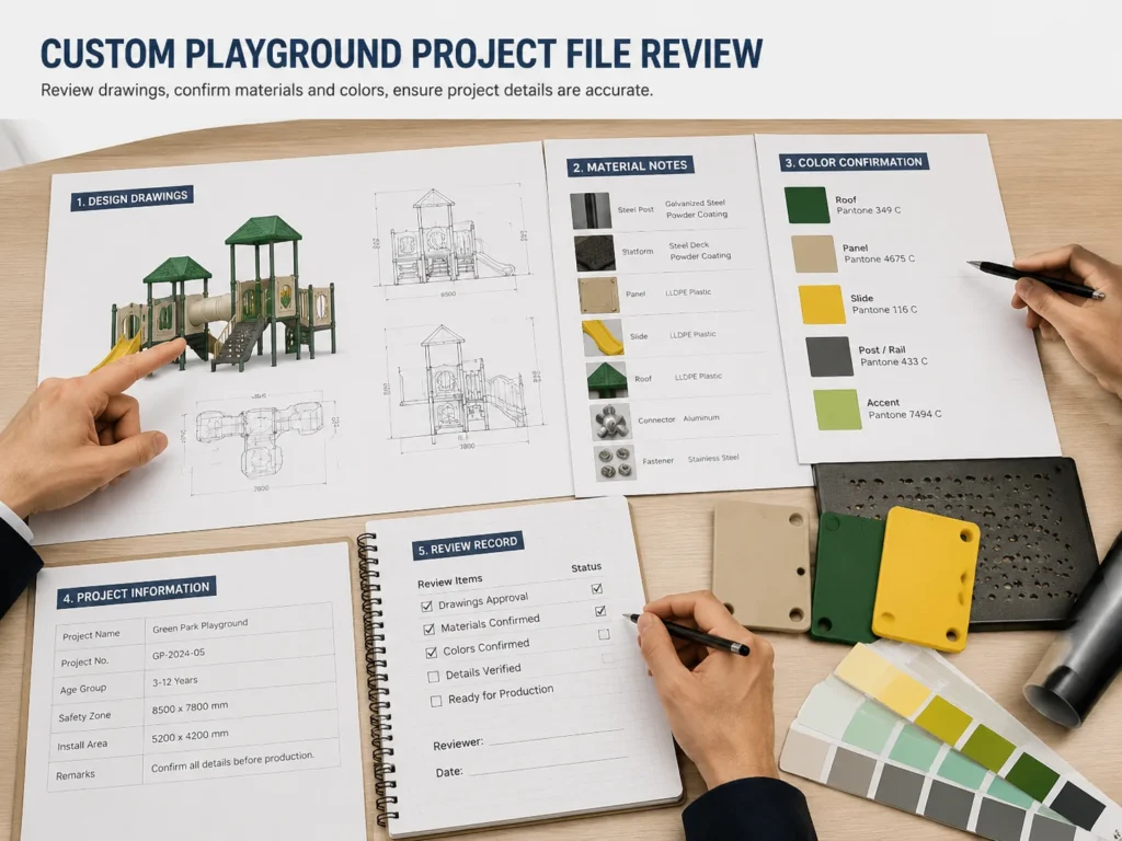 Custom playground order file review Custom playground project file review with drawings material notes and color confirmation