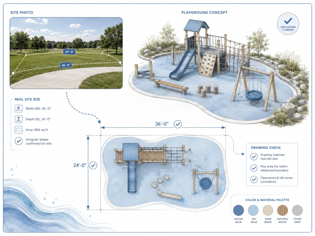 Custom Playground Reference Photo Check custom playground reference photo checked against real site size and drawing