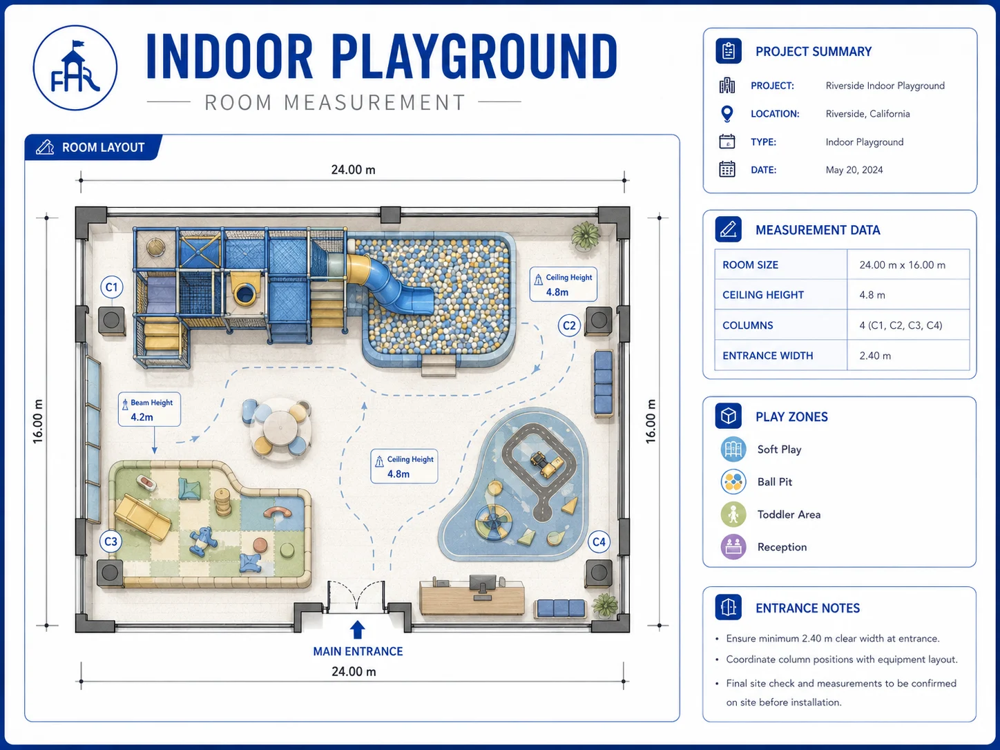 Indoor Playground Room Measurement indoor playground room measurement with ceiling height columns and entrance notes