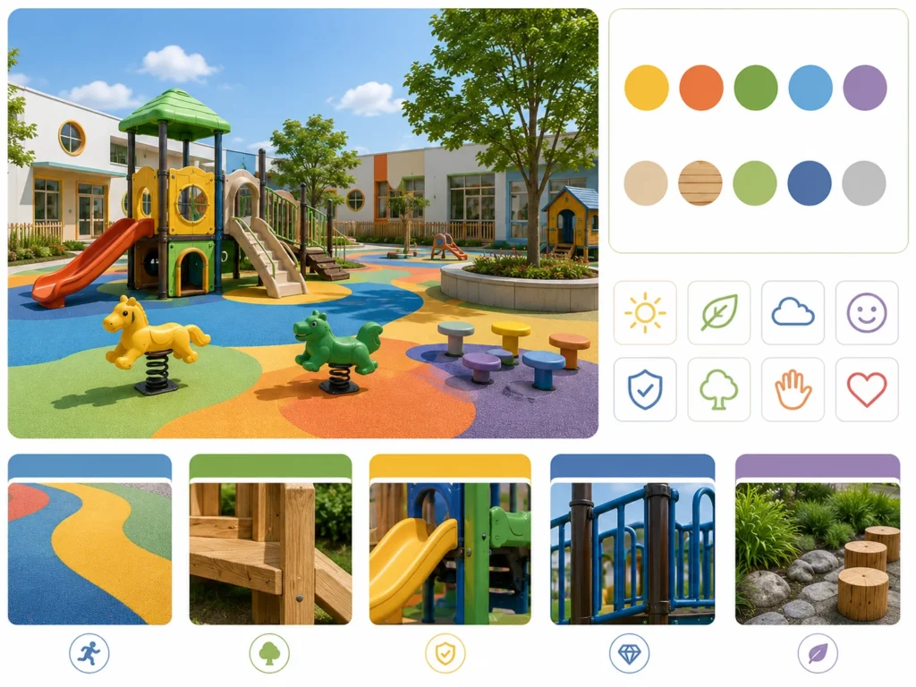 kindergarten indoor and outdoor play project with soft room and school yard layout