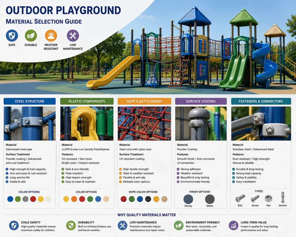 outdoor playground material selection with steel plastic rope coating and fasteners