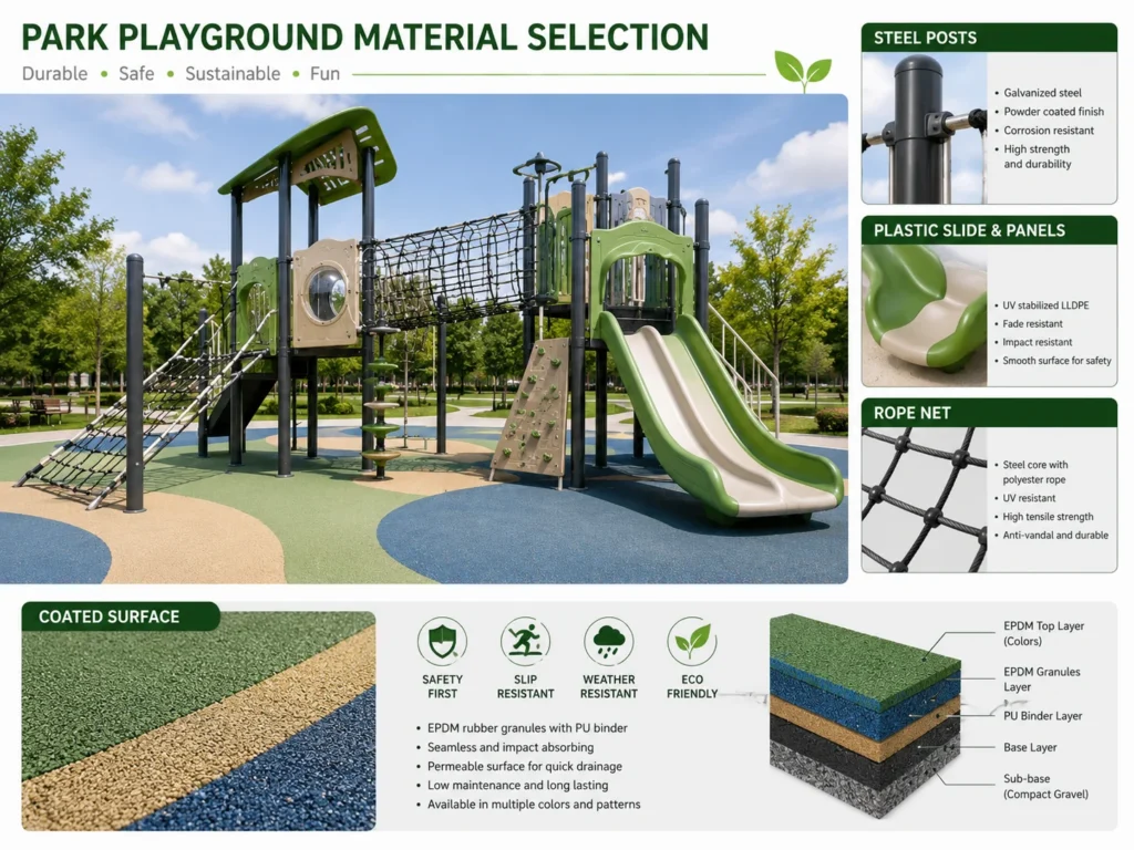 Park Playground Material Selection park playground material selection with steel posts plastic slide rope net and coated surface