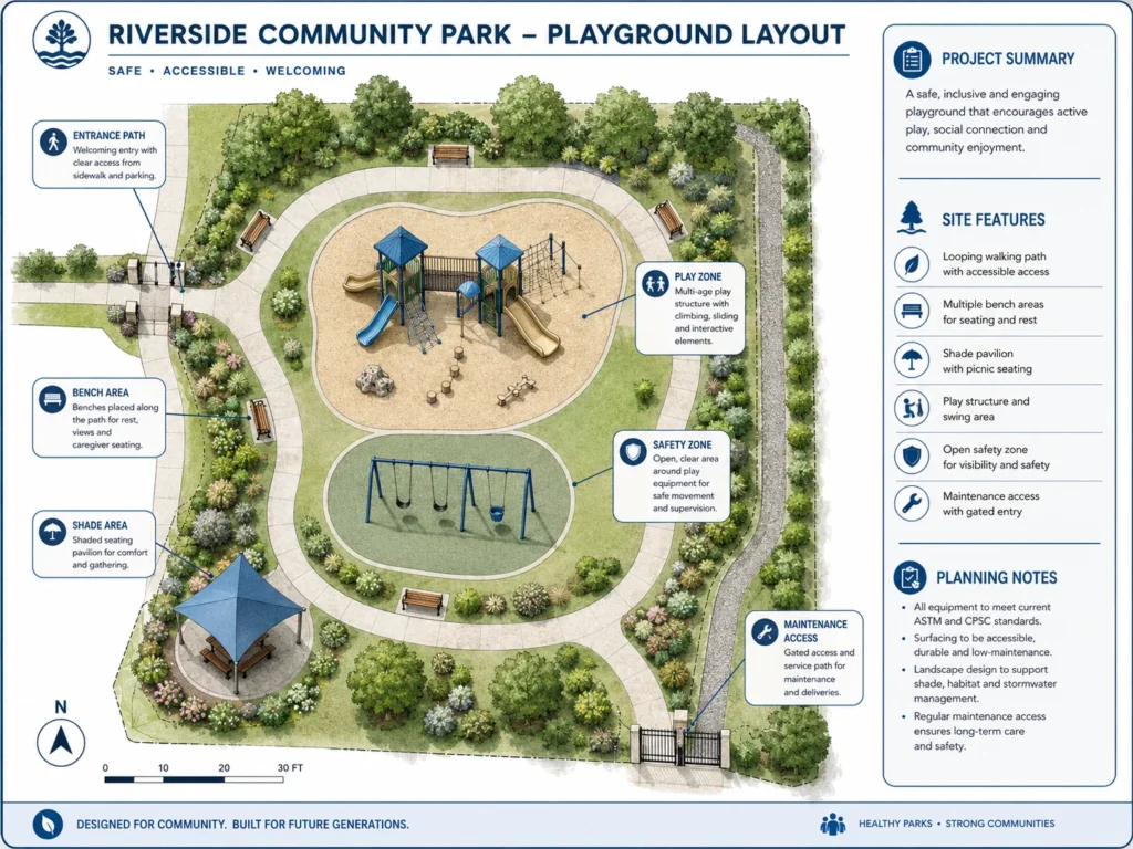 Park Playground Site Layout park playground site layout with entrance paths benches shade and maintenance access