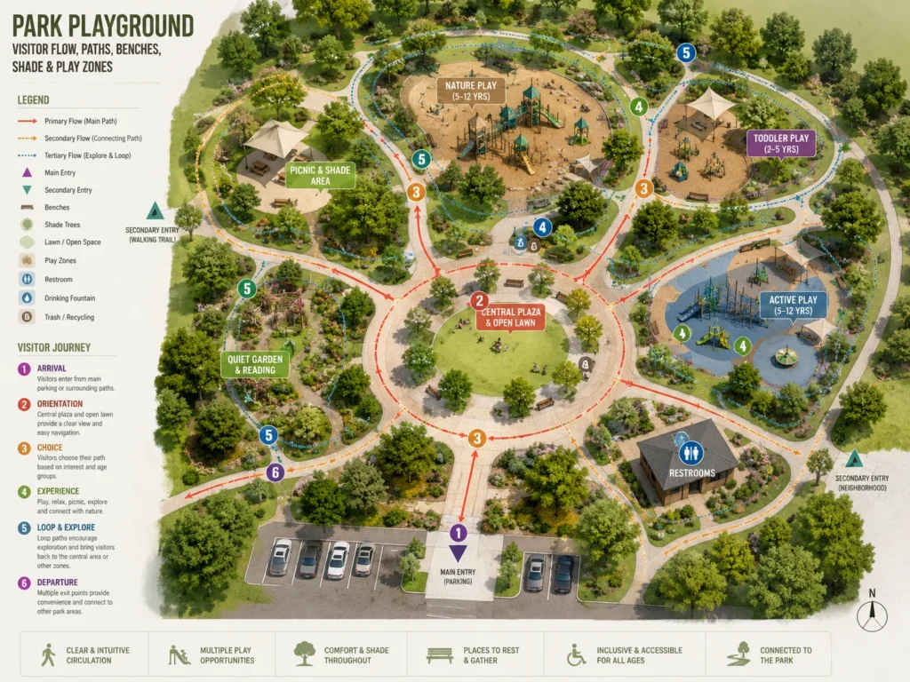 Park Playground Visitor Flow park playground visitor flow with paths benches shade and play zones