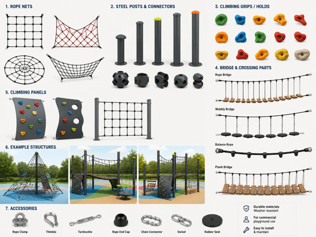 Playground Climbing Materials playground climbing materials with rope net steel posts grips and bridge parts