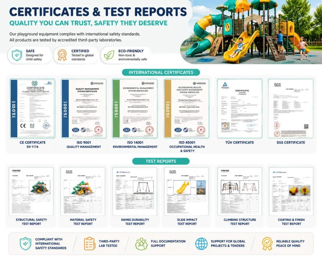 playground equipment certificate documents and test report files for buyer review