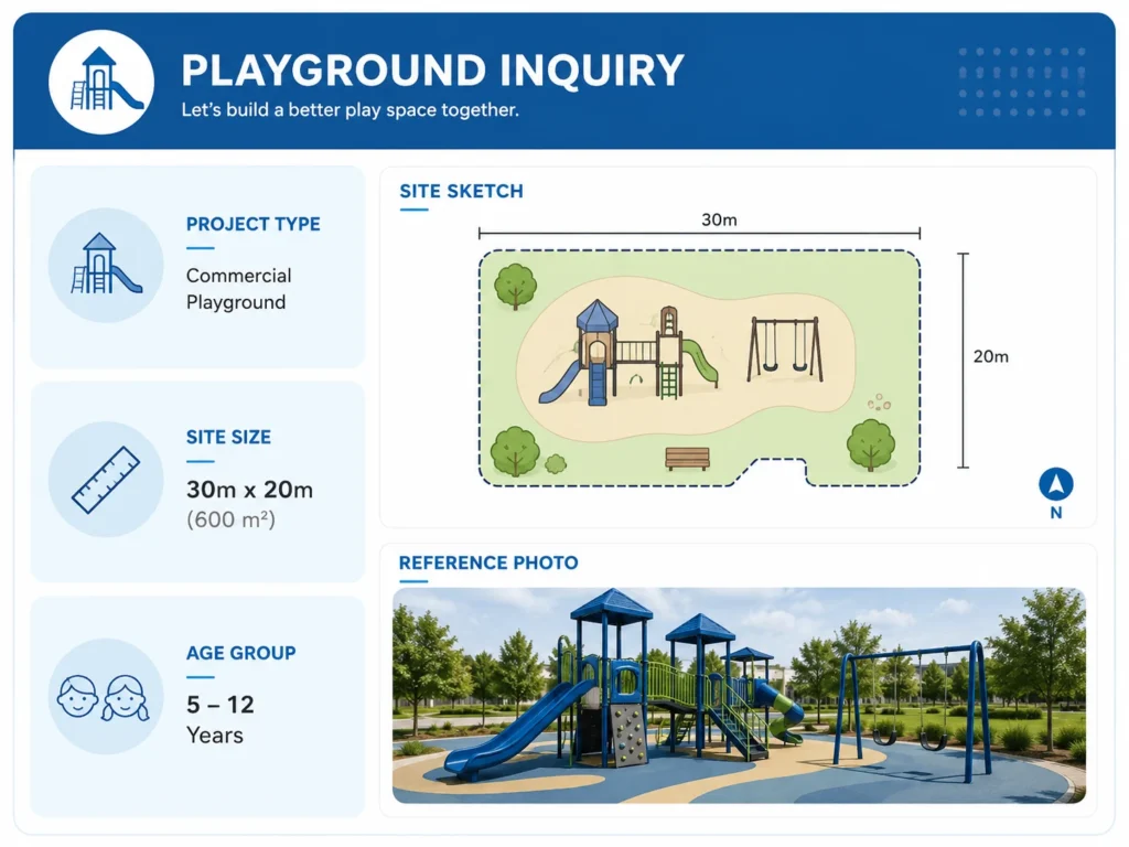 playground inquiry information with project type site size age group and reference photo