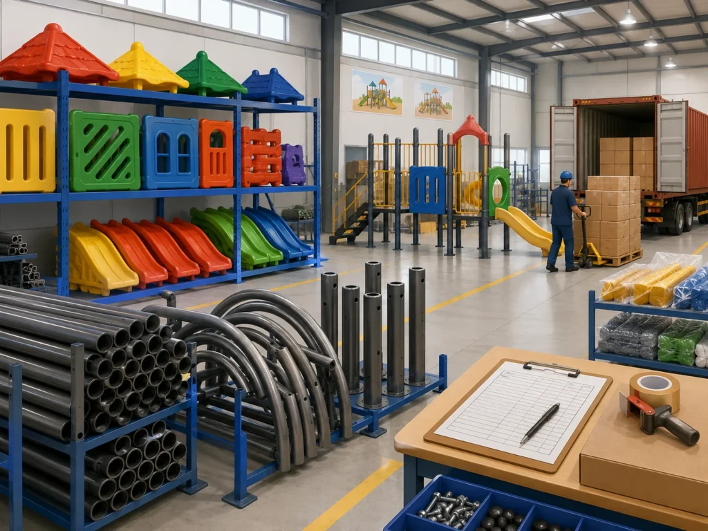 Playground manufacturer workshop and order records Playground manufacturer workshop with steel frame parts plastic panels and packing records
