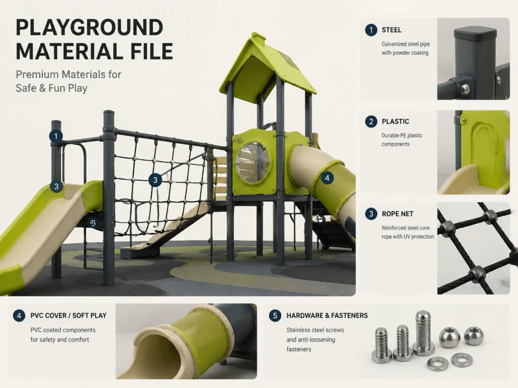 Playground material file overview Playground material file overview with part labels for steel plastic rope PVC cover and hardware