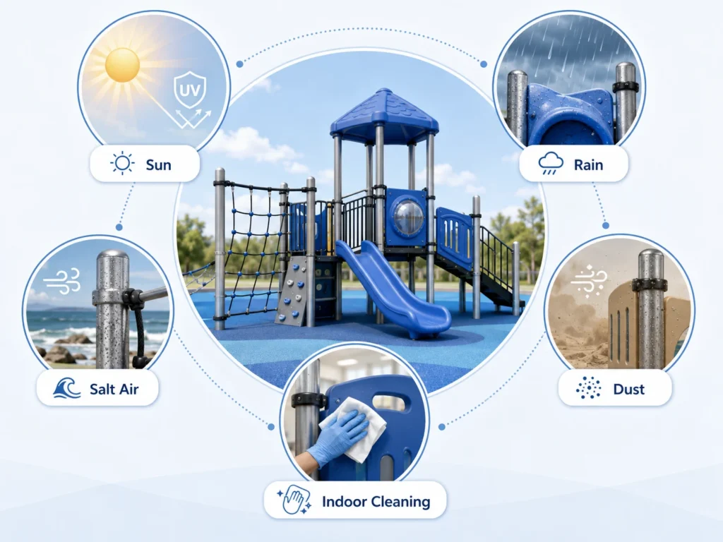 Playground Material Site Condition playground material site condition with sun rain salt air dust and indoor cleaning notes
