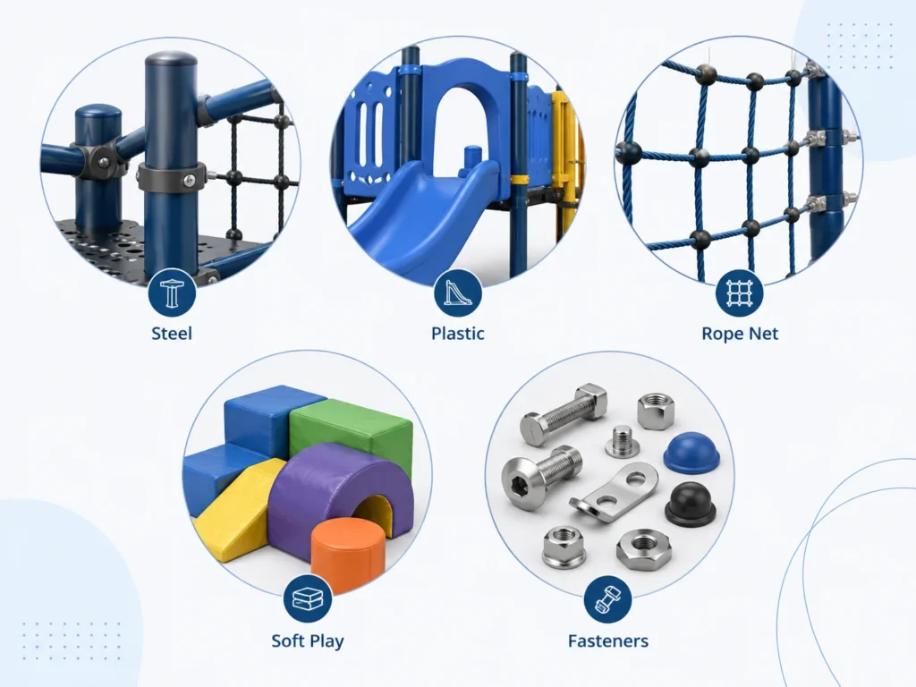 Playground materials overview Modern playground equipment materials overview with steel plastic rope net soft play and fasteners