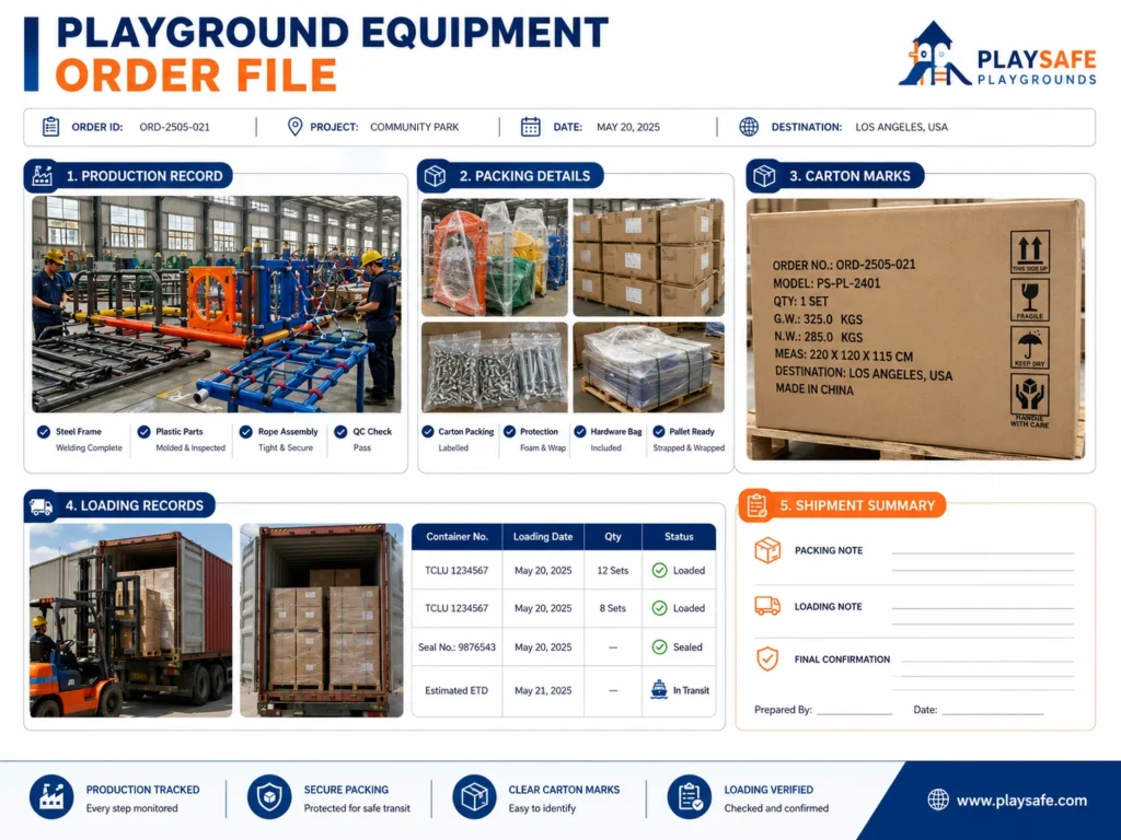 Playground Order and Packing Records playground equipment order file with production packing carton marks and loading records