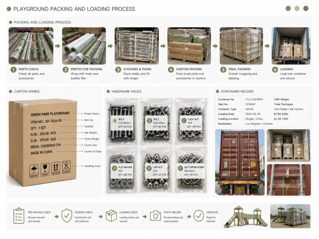 Playground Packing and Loading Process playground packing and loading process with carton marks hardware packs and container record