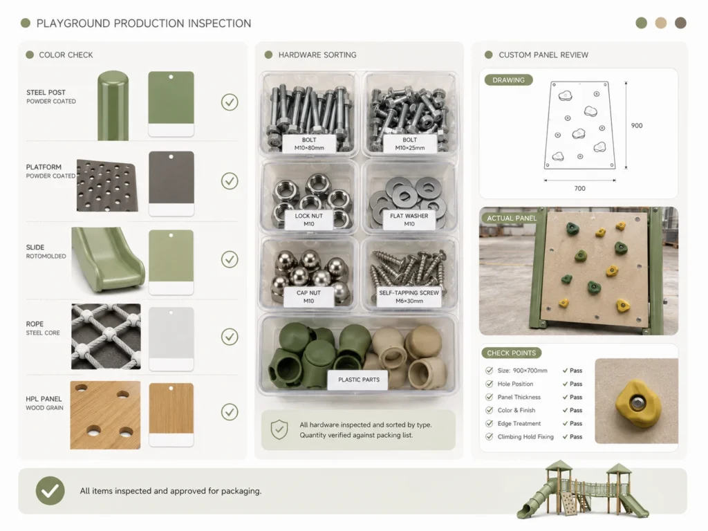 Playground Production Inspection playground production inspection with color check hardware sorting and custom panel review