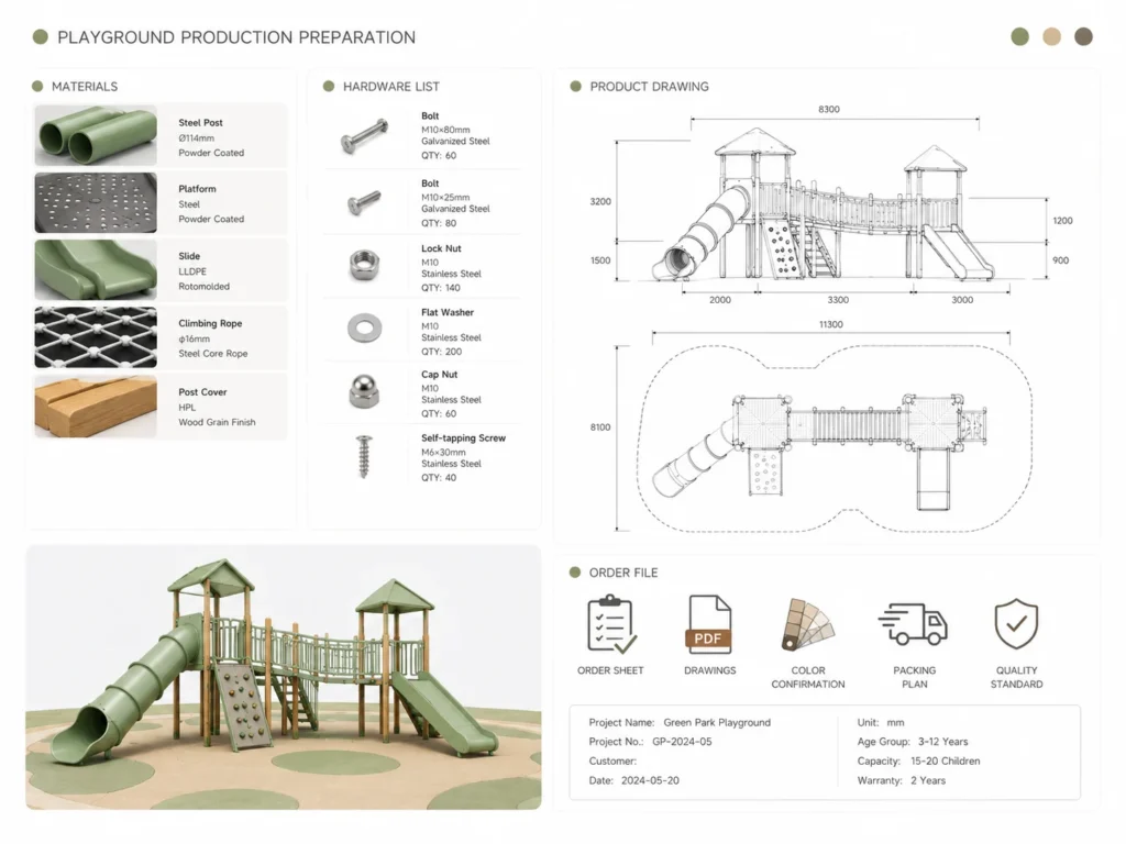 Playground Production Preparation playground production preparation with materials hardware list product drawing and order file