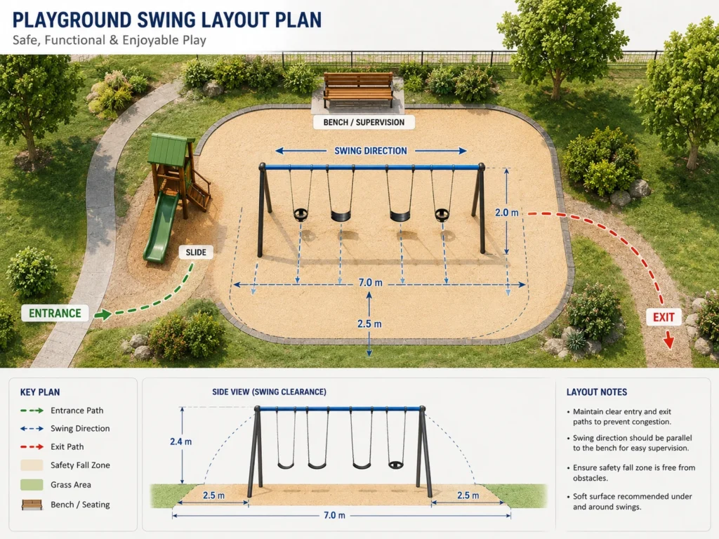 Playground Swing Layout Planning playground swing layout planning with entrance path bench slide exit and swing direction