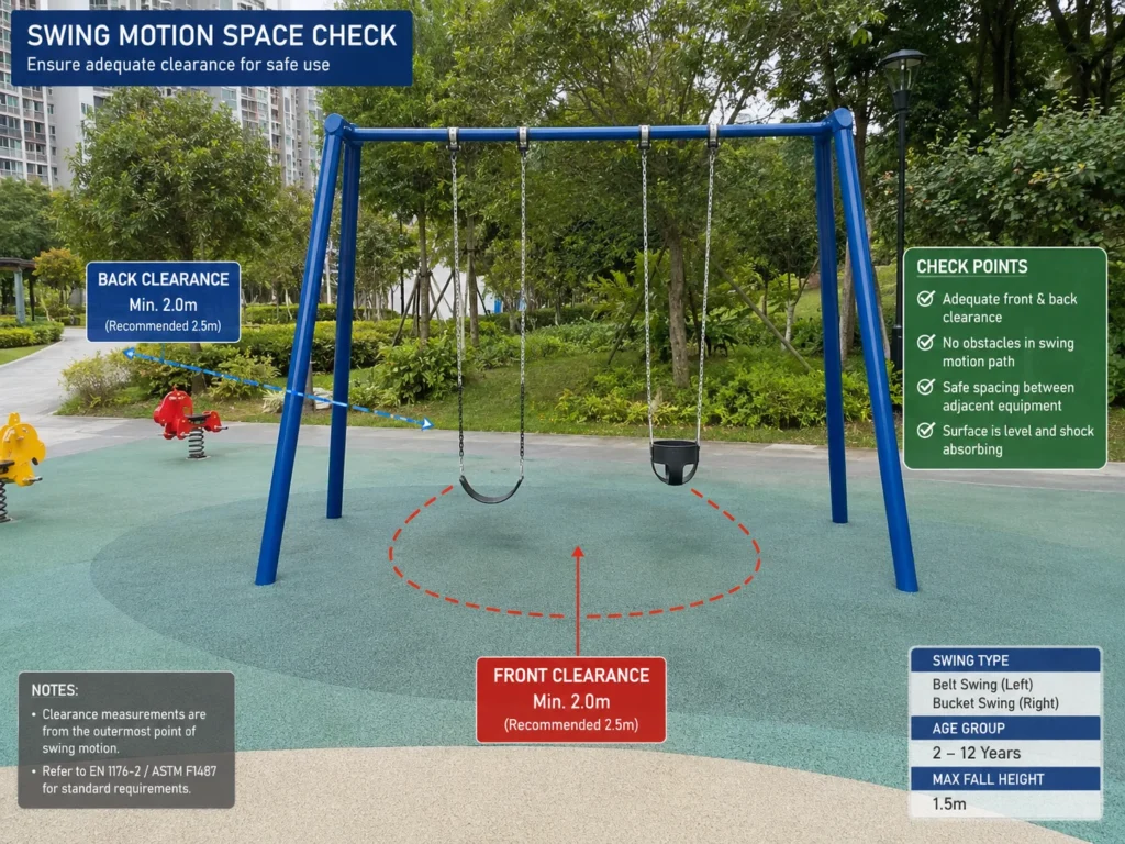 Playground Swing Motion Space playground swing motion space with front and back clearance marked on site photo