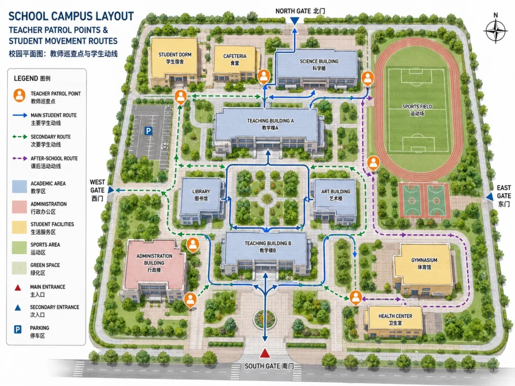 School Playground Campus Layout school playground campus layout with teacher patrol points and student movement routes