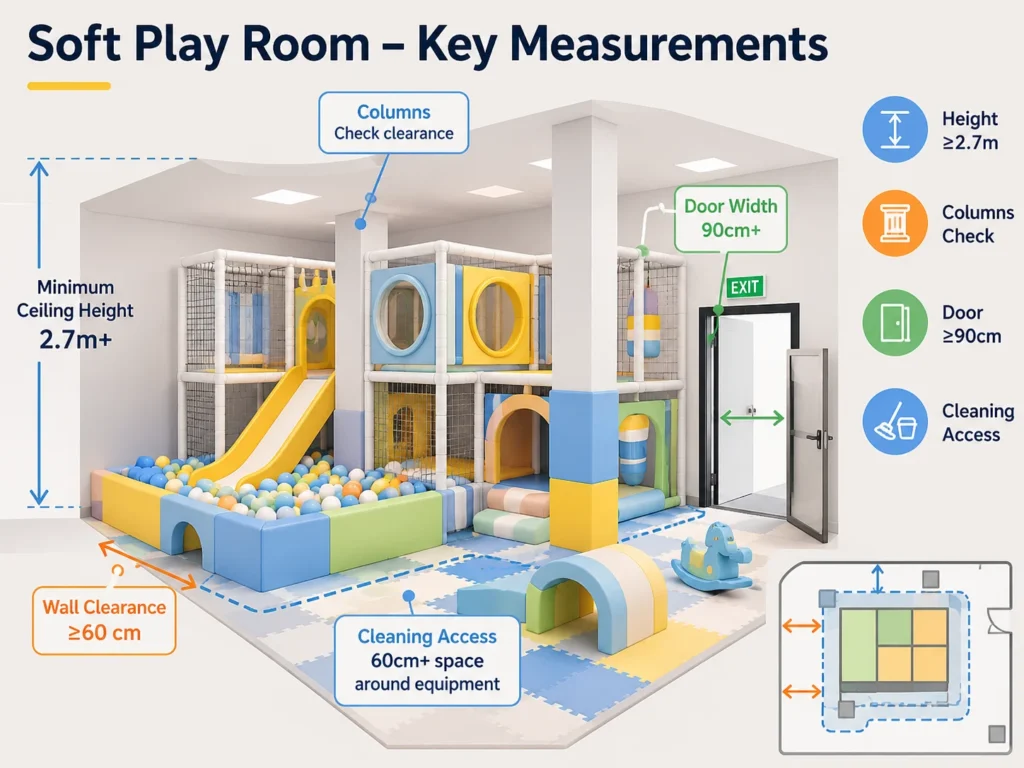 Soft Play Room Measurement soft play room measurement with height columns doors and cleaning access notes