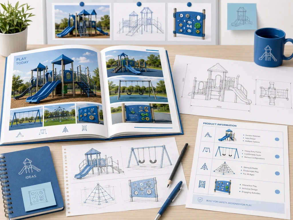 playground equipment catalog photos drawings and product information used as reference
